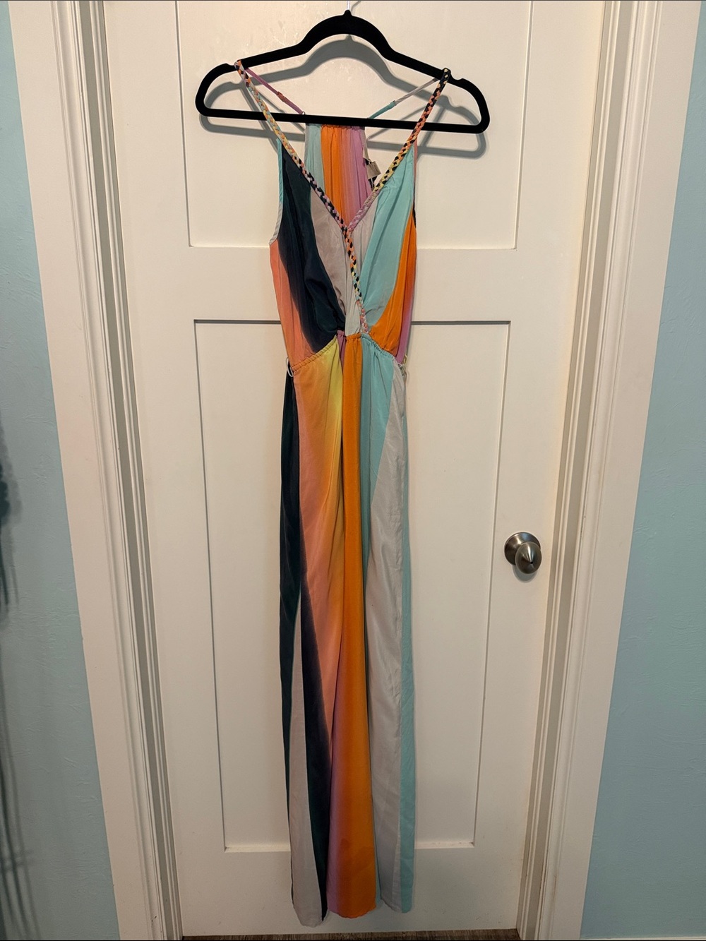 Presley Skye 100% Silk Turquoise, Orange, Pink & Cream Braided-Trim Maxi Dress